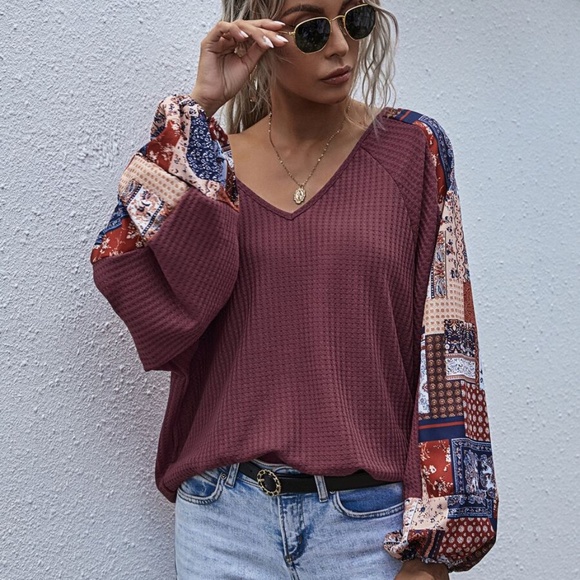 brown  v neck wide sleep waffle long sleeve top - Picture 7 of 16